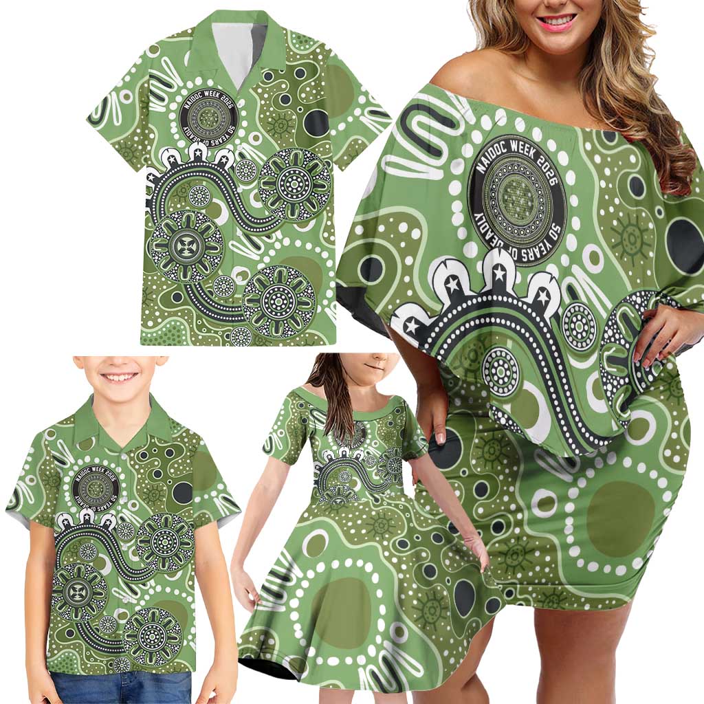 Personalised NAIDOC Week 50 Years Deadly Always Family Matching Off Shoulder Short Dress and Hawaiian Shirt Green Aboriginal Artwork Dot Painting