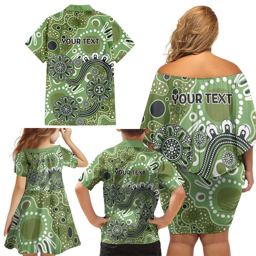Personalised NAIDOC Week 50 Years Deadly Always Family Matching Off Shoulder Short Dress and Hawaiian Shirt Green Aboriginal Artwork Dot Painting