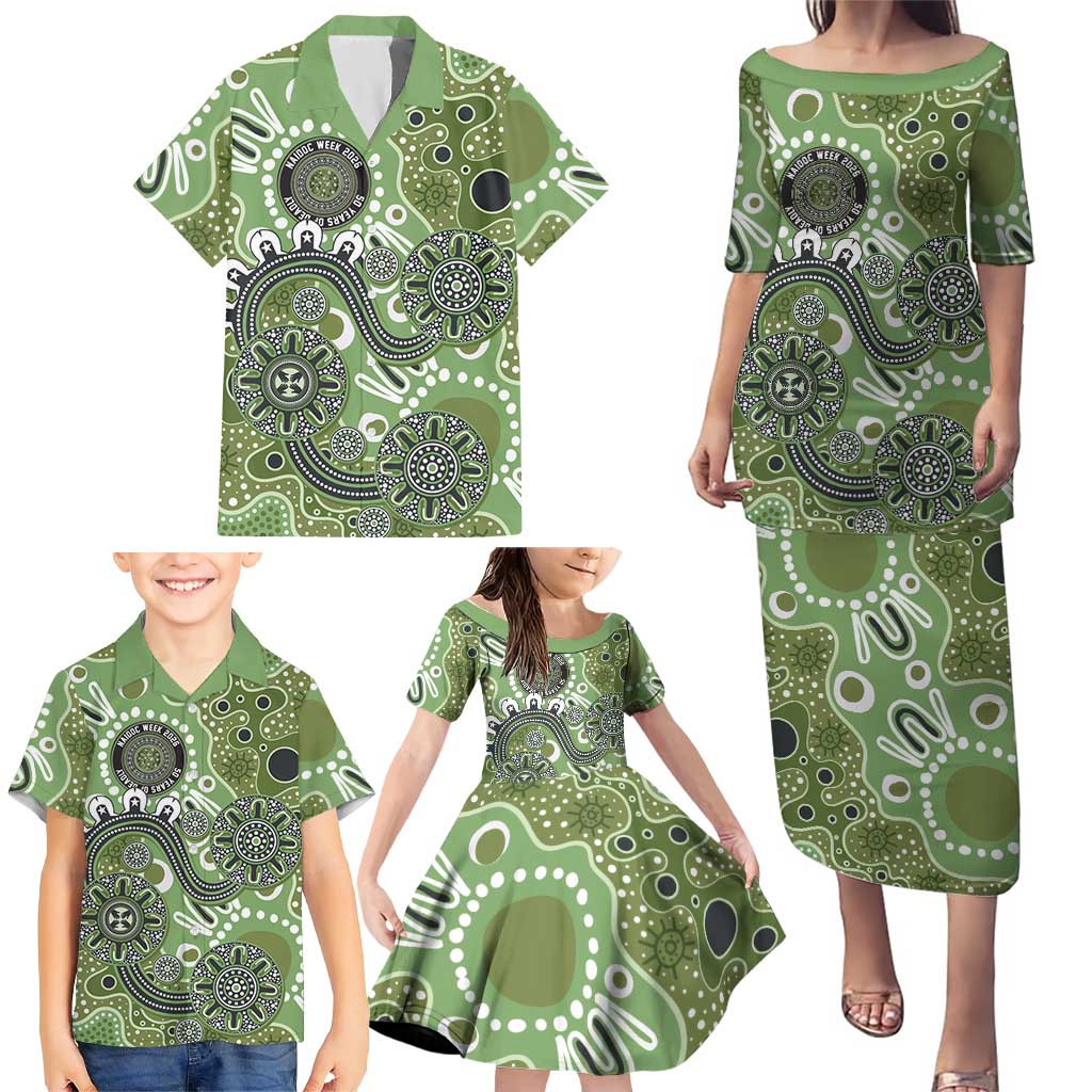 Personalised NAIDOC Week 50 Years Deadly Always Family Matching Puletasi and Hawaiian Shirt Green Aboriginal Artwork Dot Painting