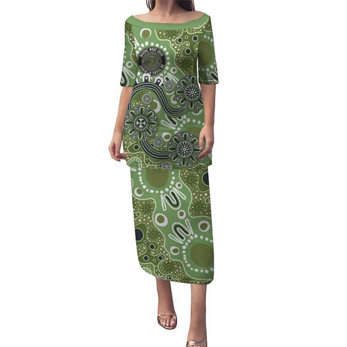 Personalised NAIDOC Week 50 Years Deadly Always Family Matching Puletasi and Hawaiian Shirt Green Aboriginal Artwork Dot Painting