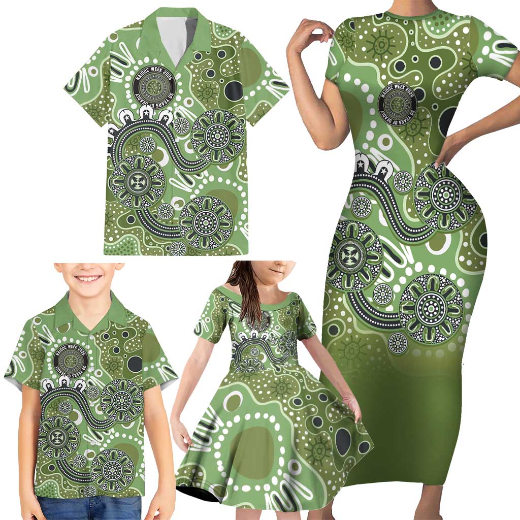 Personalised NAIDOC Week 50 Years Deadly Always Family Matching Short Sleeve Bodycon Dress and Hawaiian Shirt Green Aboriginal Artwork Dot Painting