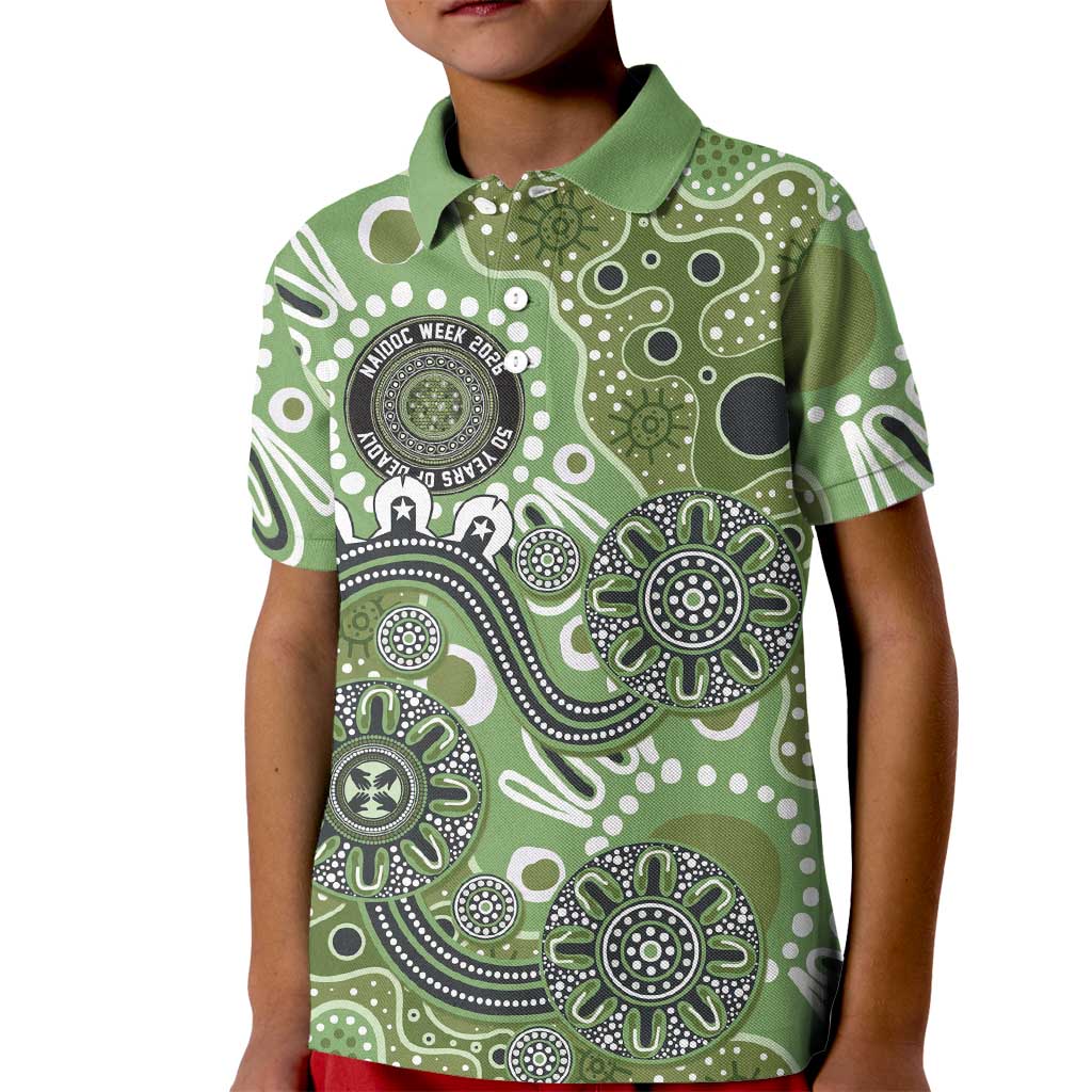 Personalised NAIDOC Week 50 Years Deadly Always Kid Polo Shirt Green Aboriginal Artwork Dot Painting