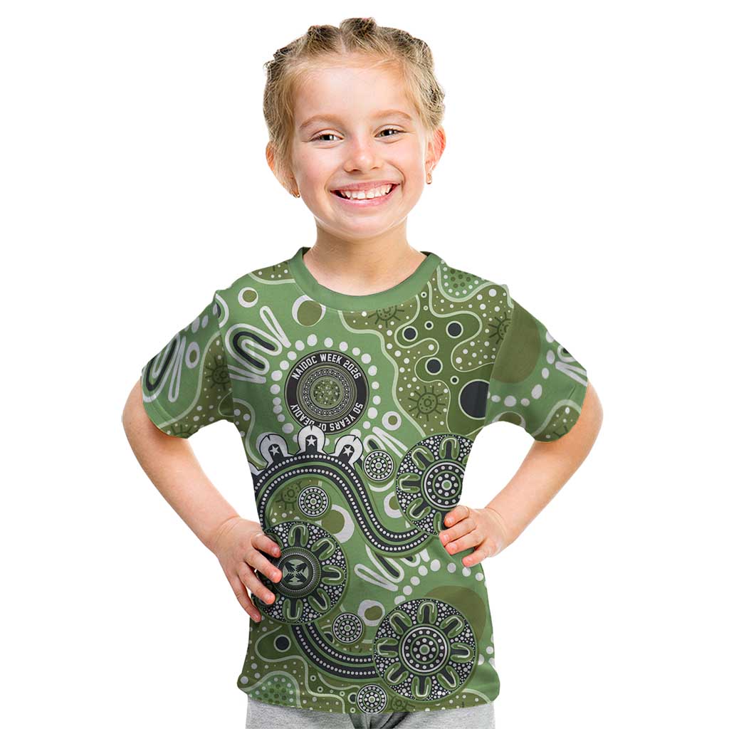Personalised NAIDOC Week 50 Years Deadly Always Kid T Shirt Green Aboriginal Artwork Dot Painting