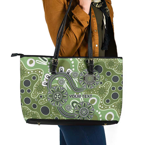 Personalised NAIDOC Week 50 Years Deadly Always Leather Tote Bag Green Aboriginal Artwork Dot Painting