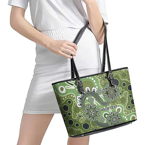 Personalised NAIDOC Week 50 Years Deadly Always Leather Tote Bag Green Aboriginal Artwork Dot Painting