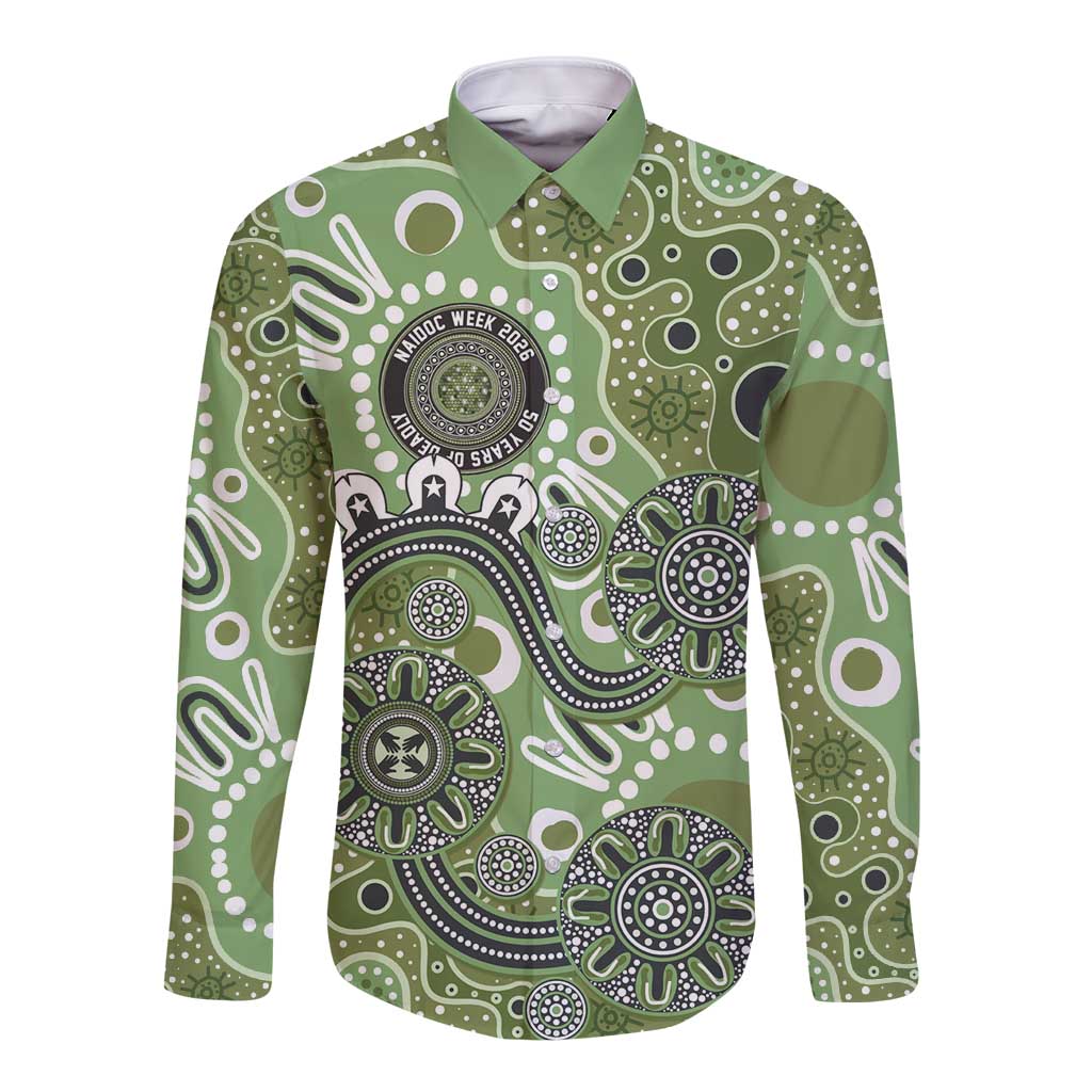 Personalised NAIDOC Week 50 Years Deadly Always Long Sleeve Button Shirt Green Aboriginal Artwork Dot Painting