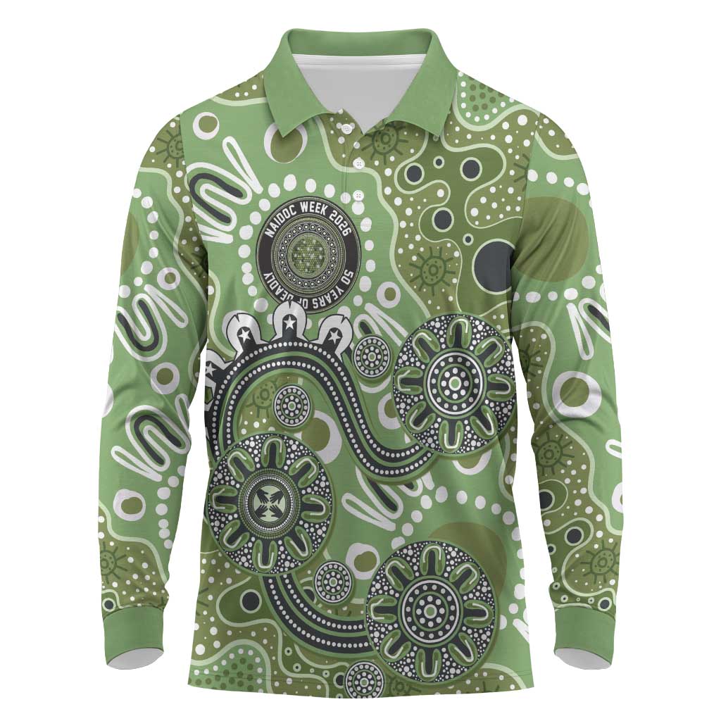 Personalised NAIDOC Week 50 Years Deadly Always Long Sleeve Polo Shirt Green Aboriginal Artwork Dot Painting