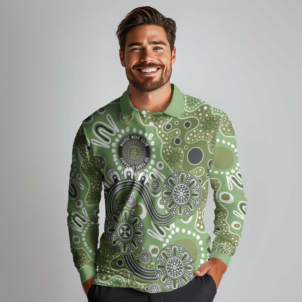 Personalised NAIDOC Week 50 Years Deadly Always Long Sleeve Polo Shirt Green Aboriginal Artwork Dot Painting