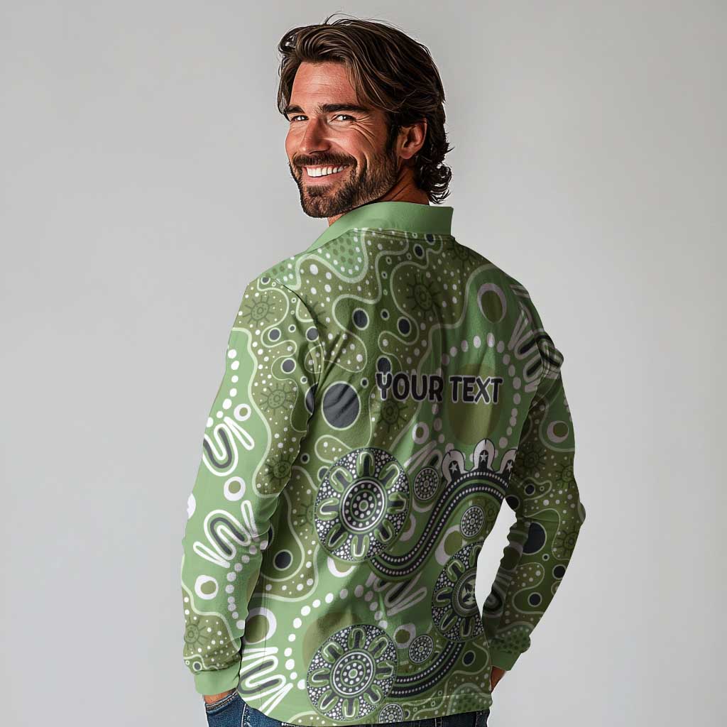 Personalised NAIDOC Week 50 Years Deadly Always Long Sleeve Polo Shirt Green Aboriginal Artwork Dot Painting