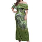 Personalised NAIDOC Week 50 Years Deadly Always Off Shoulder Maxi Dress Green Aboriginal Artwork Dot Painting