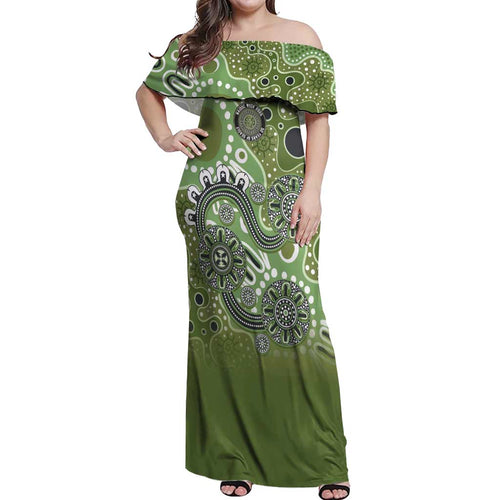 Personalised NAIDOC Week 50 Years Deadly Always Off Shoulder Maxi Dress Green Aboriginal Artwork Dot Painting