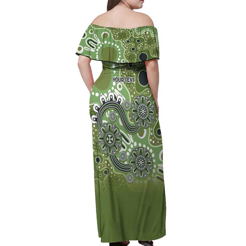 Personalised NAIDOC Week 50 Years Deadly Always Off Shoulder Maxi Dress Green Aboriginal Artwork Dot Painting