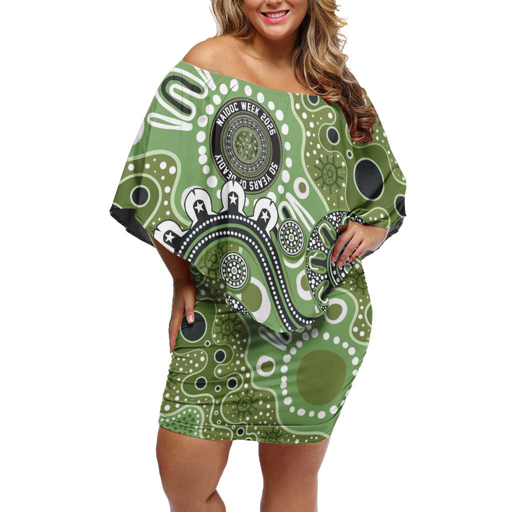 Personalised NAIDOC Week 50 Years Deadly Always Off Shoulder Short Dress Green Aboriginal Artwork Dot Painting