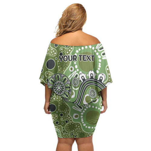 Personalised NAIDOC Week 50 Years Deadly Always Off Shoulder Short Dress Green Aboriginal Artwork Dot Painting