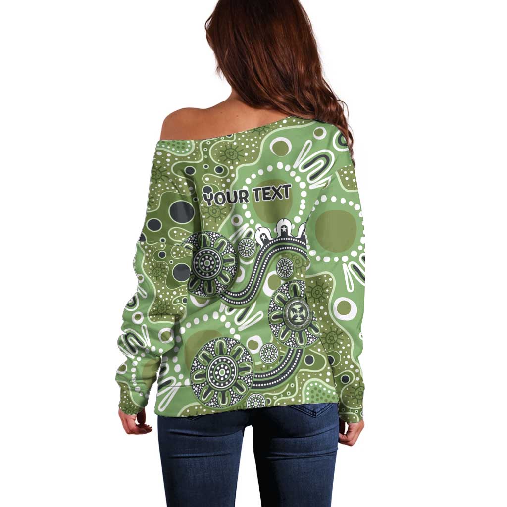 Personalised NAIDOC Week 50 Years Deadly Always Off Shoulder Sweater Green Aboriginal Artwork Dot Painting