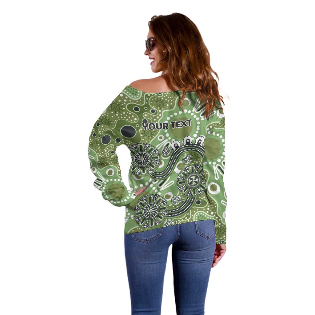 Personalised NAIDOC Week 50 Years Deadly Always Off Shoulder Sweater Green Aboriginal Artwork Dot Painting