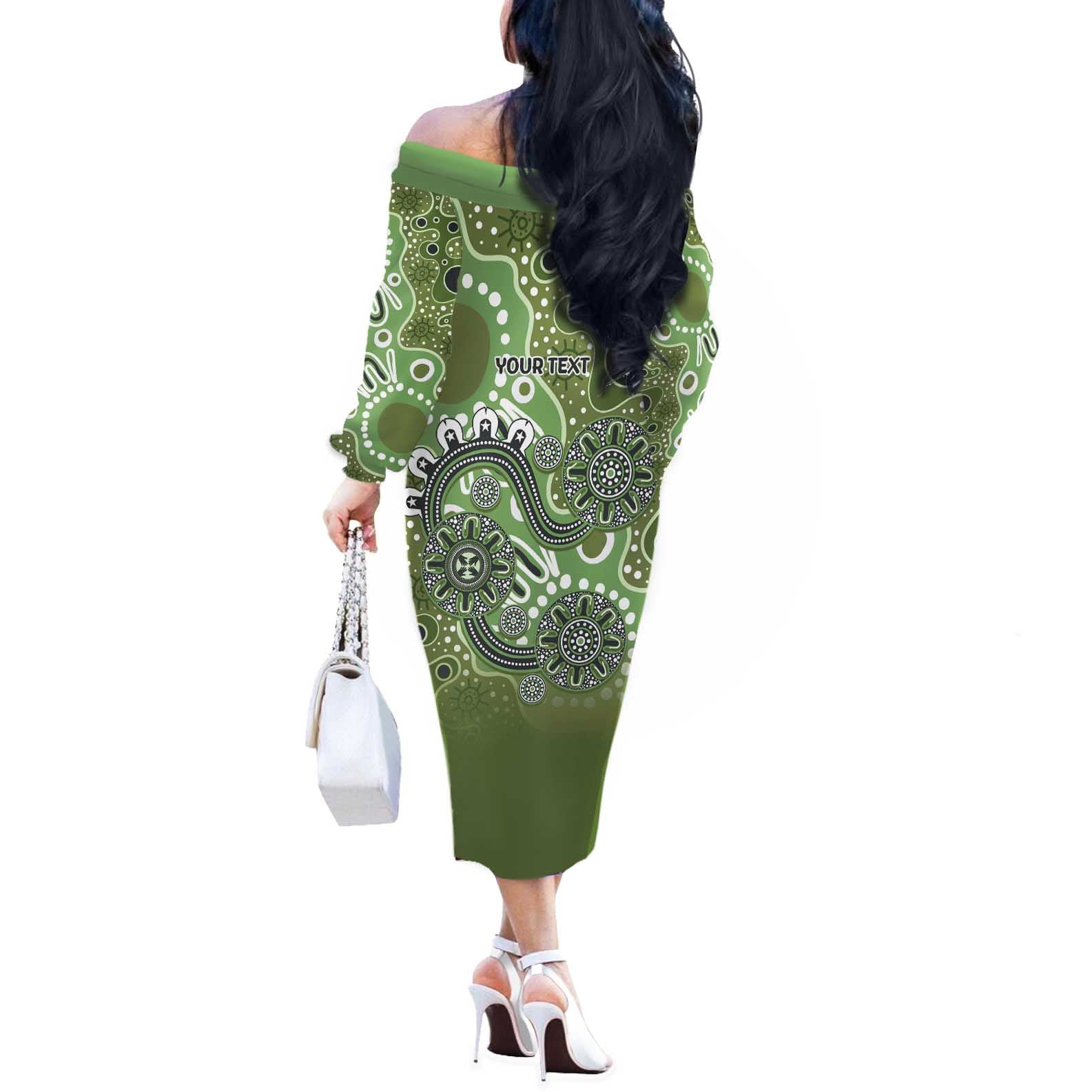 Personalised NAIDOC Week 50 Years Deadly Always Off The Shoulder Long Sleeve Dress Green Aboriginal Artwork Dot Painting