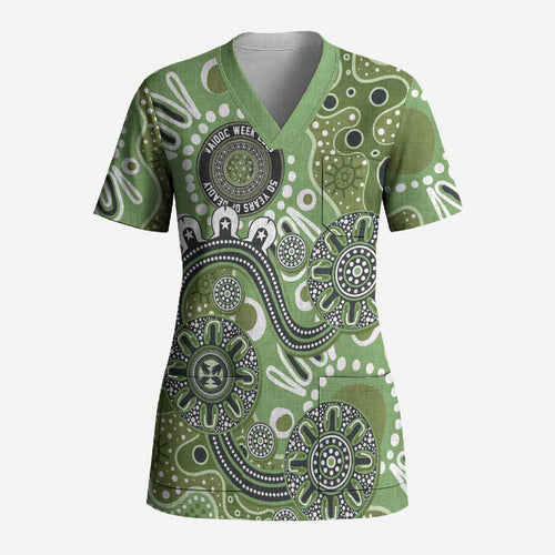 Personalised NAIDOC Week 50 Years Deadly Always Scrub Top Green Aboriginal Artwork Dot Painting