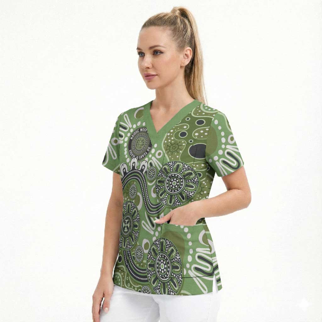 Personalised NAIDOC Week 50 Years Deadly Always Scrub Top Green Aboriginal Artwork Dot Painting
