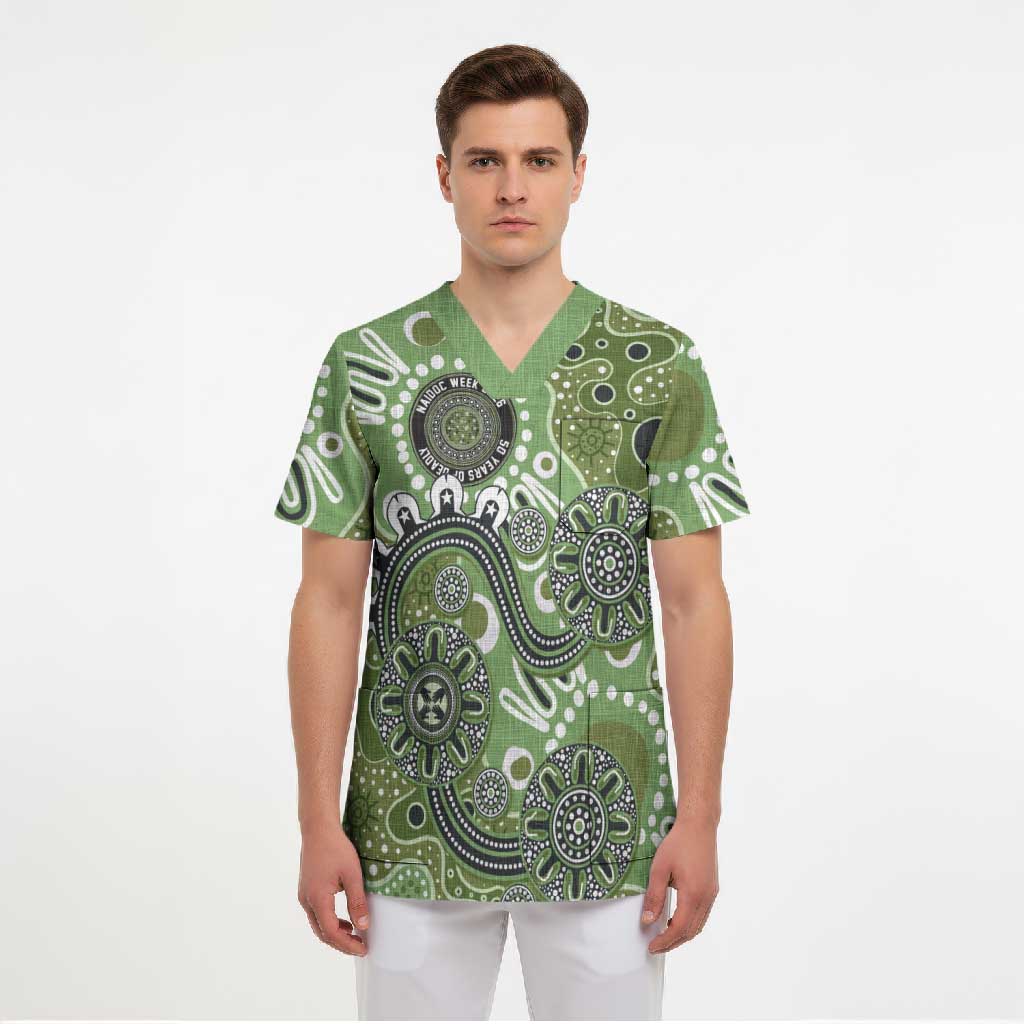 Personalised NAIDOC Week 50 Years Deadly Always Scrub Top Green Aboriginal Artwork Dot Painting