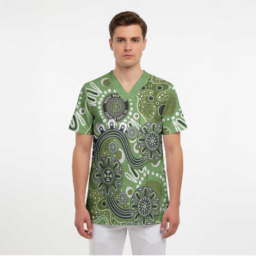 Personalised NAIDOC Week 50 Years Deadly Always Scrub Top Green Aboriginal Artwork Dot Painting