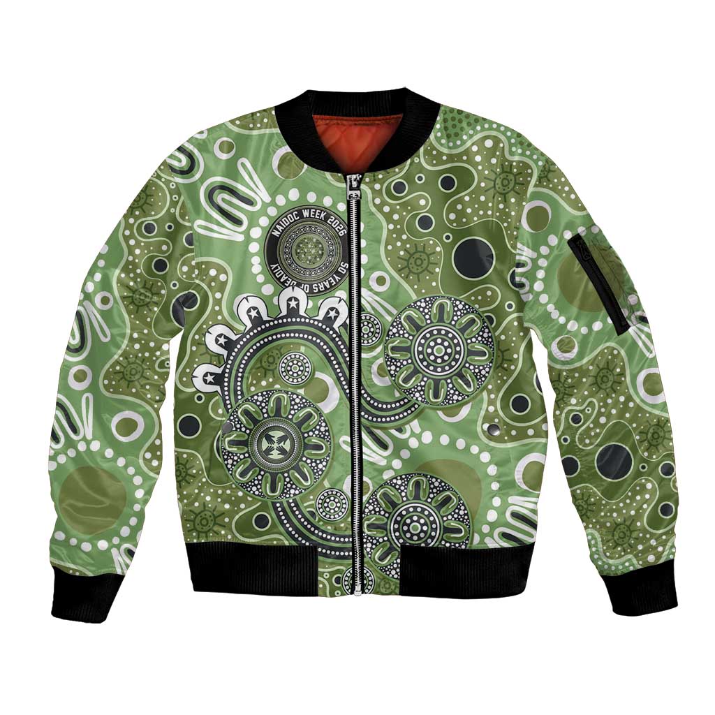 Personalised NAIDOC Week 50 Years Deadly Always Sleeve Zip Bomber Jacket Green Aboriginal Artwork Dot Painting