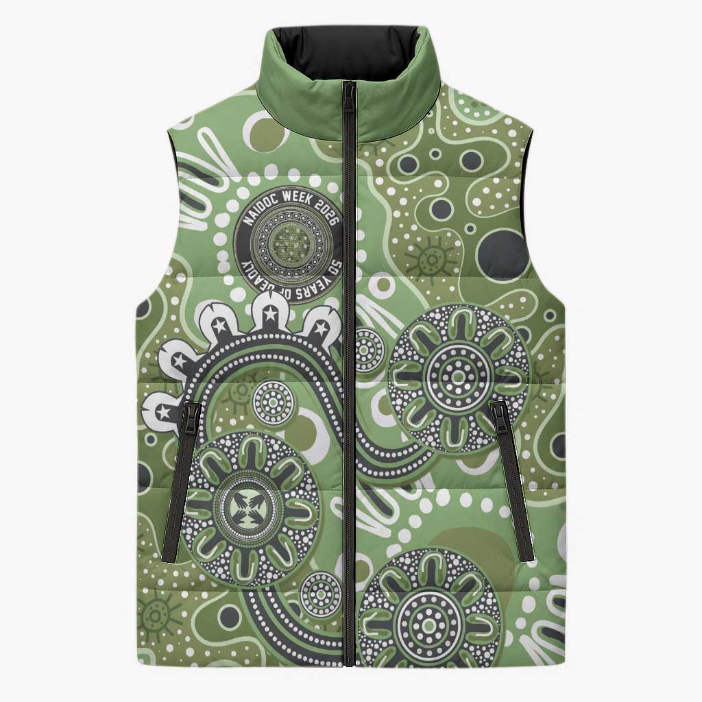 Personalised NAIDOC Week 50 Years Deadly Always Sleeveless Puffer Jacket Green Aboriginal Artwork Dot Painting