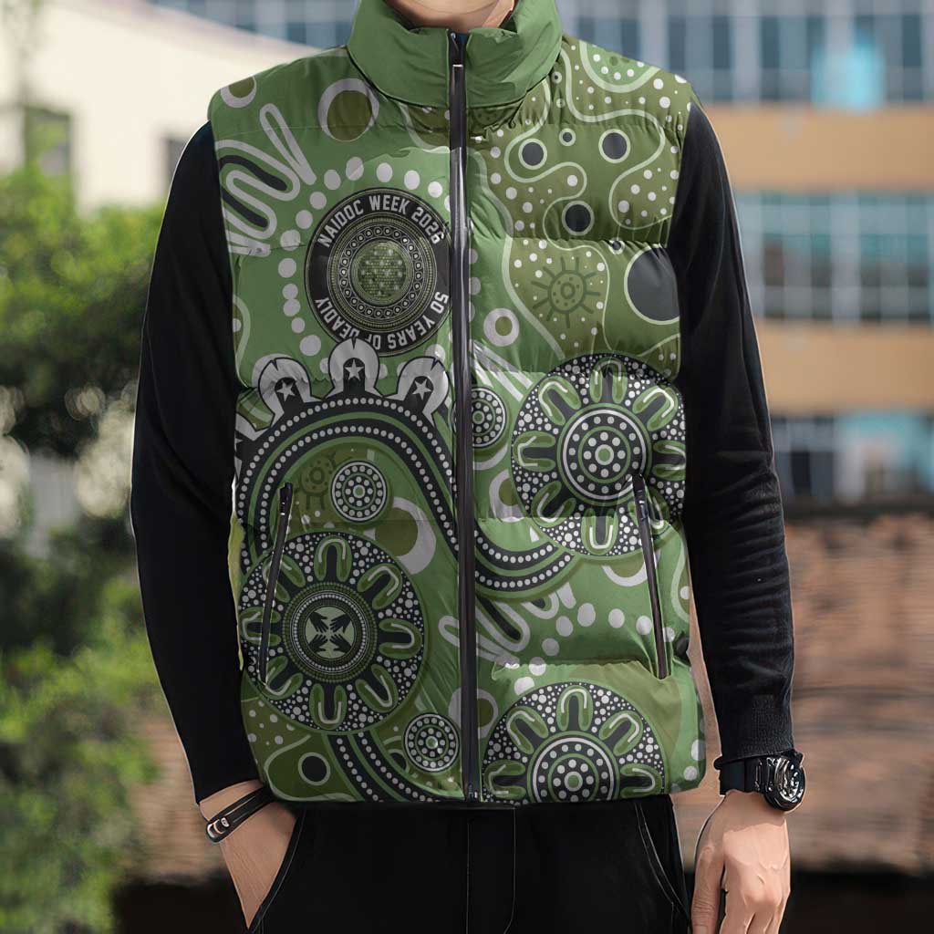 Personalised NAIDOC Week 50 Years Deadly Always Sleeveless Puffer Jacket Green Aboriginal Artwork Dot Painting