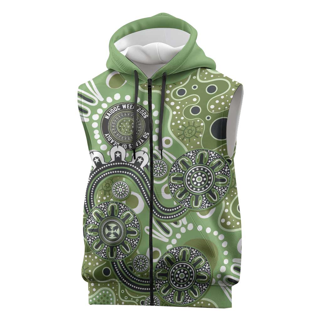 Personalised NAIDOC Week 50 Years Deadly Always Sleeveless Zip Hoodie Green Aboriginal Artwork Dot Painting