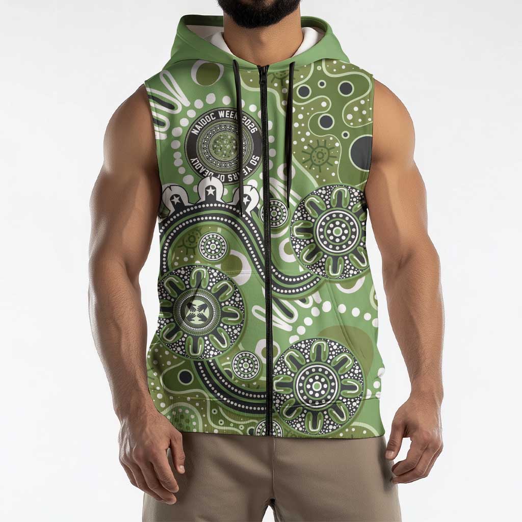 Personalised NAIDOC Week 50 Years Deadly Always Sleeveless Zip Hoodie Green Aboriginal Artwork Dot Painting