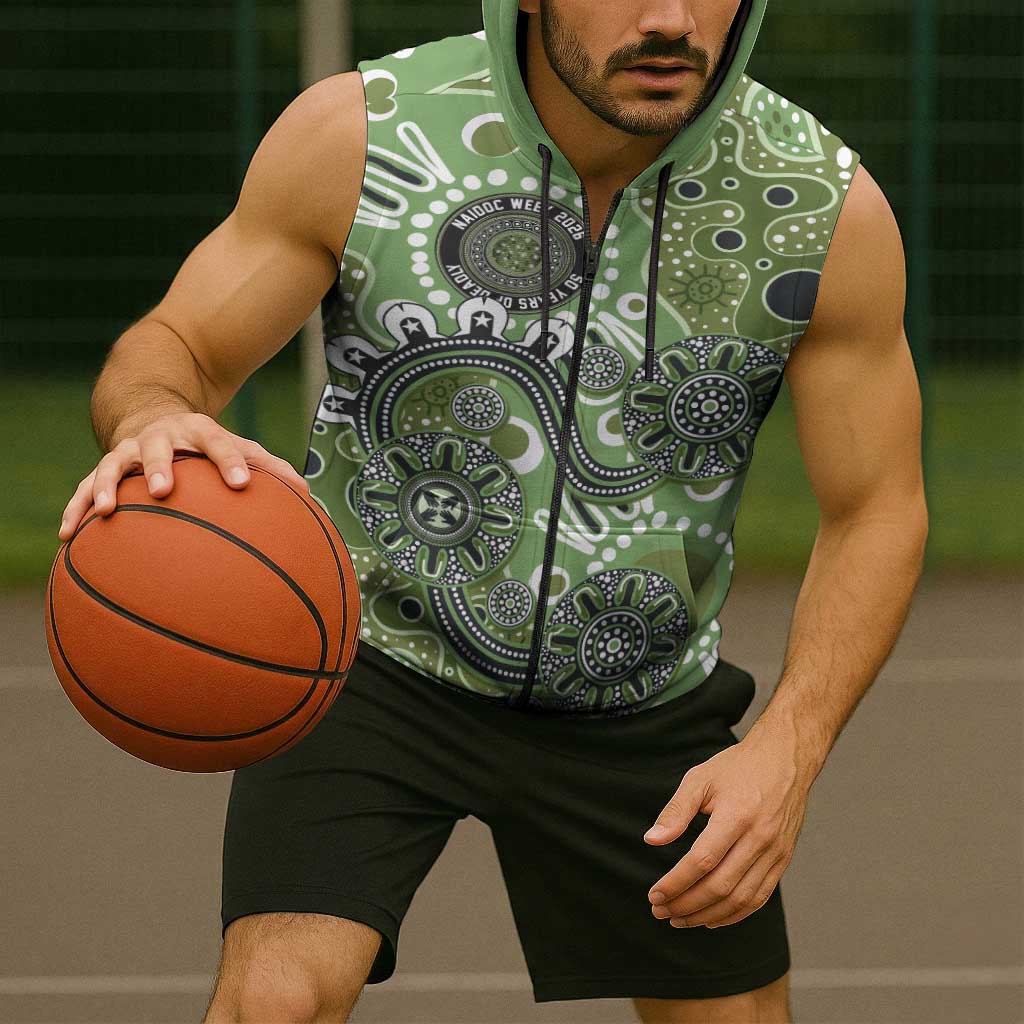 Personalised NAIDOC Week 50 Years Deadly Always Sleeveless Zip Hoodie Green Aboriginal Artwork Dot Painting