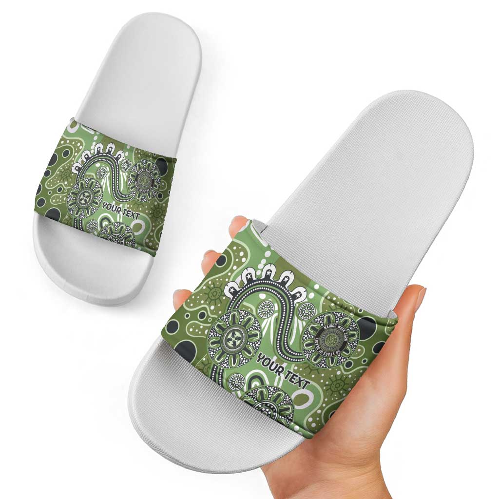 Personalised NAIDOC Week 50 Years Deadly Always Slide Sandals Green Aboriginal Artwork Dot Painting