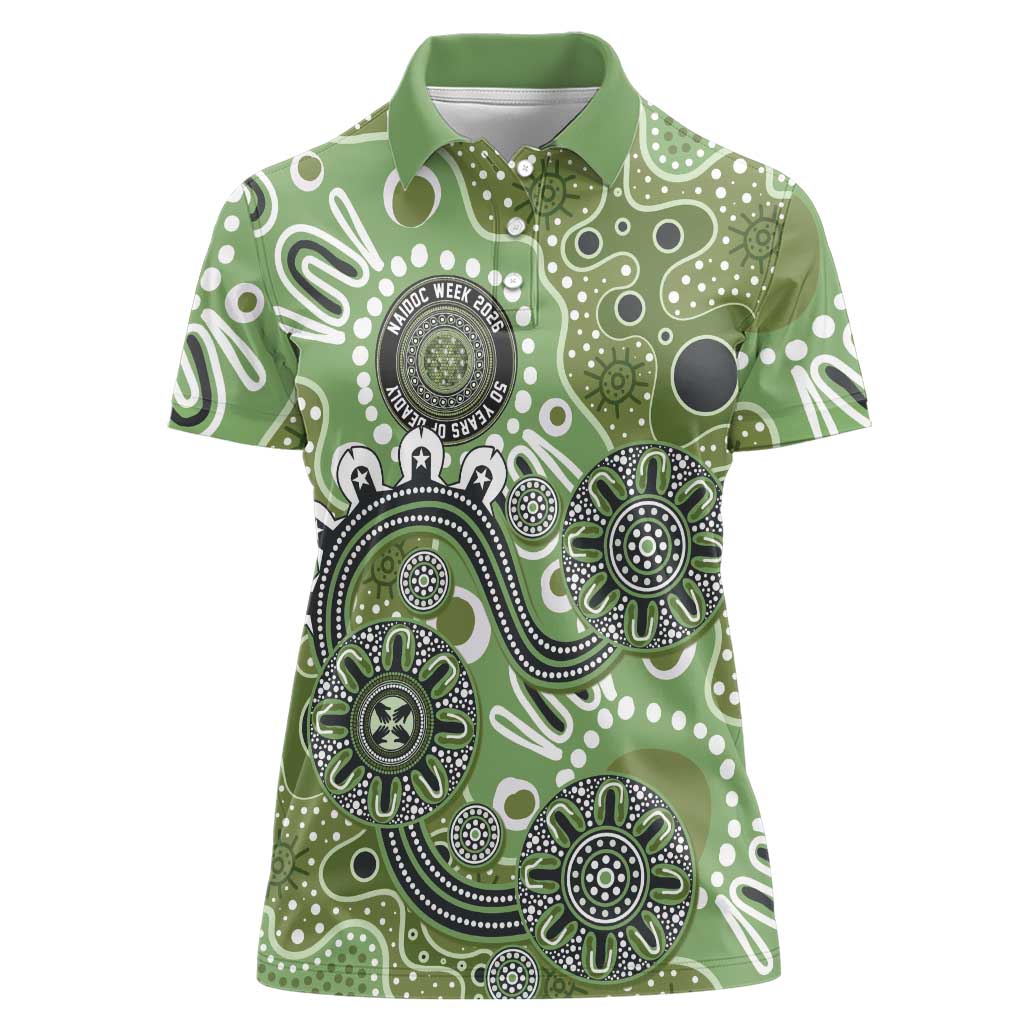 Personalised NAIDOC Week 50 Years Deadly Always Women Polo Shirt Green Aboriginal Artwork Dot Painting