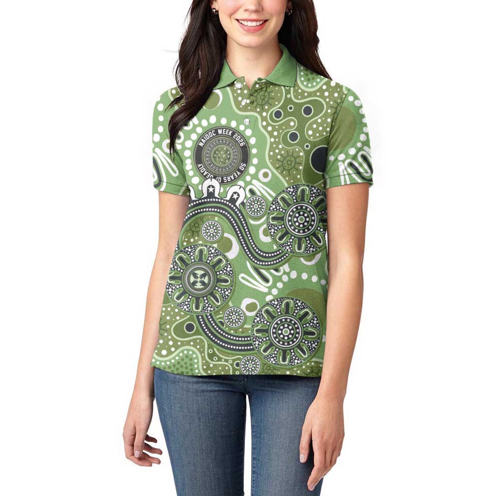 Personalised NAIDOC Week 50 Years Deadly Always Women Polo Shirt Green Aboriginal Artwork Dot Painting