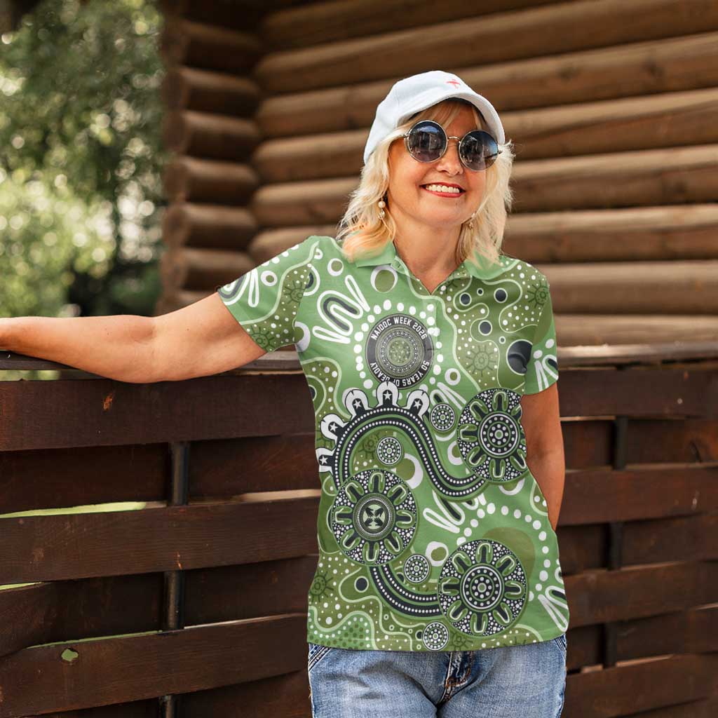 Personalised NAIDOC Week 50 Years Deadly Always Women Polo Shirt Green Aboriginal Artwork Dot Painting