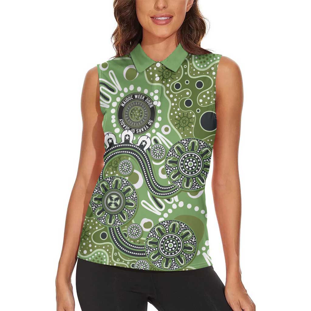 Personalised NAIDOC Week 50 Years Deadly Always Women Sleeveless Polo Shirt Green Aboriginal Artwork Dot Painting
