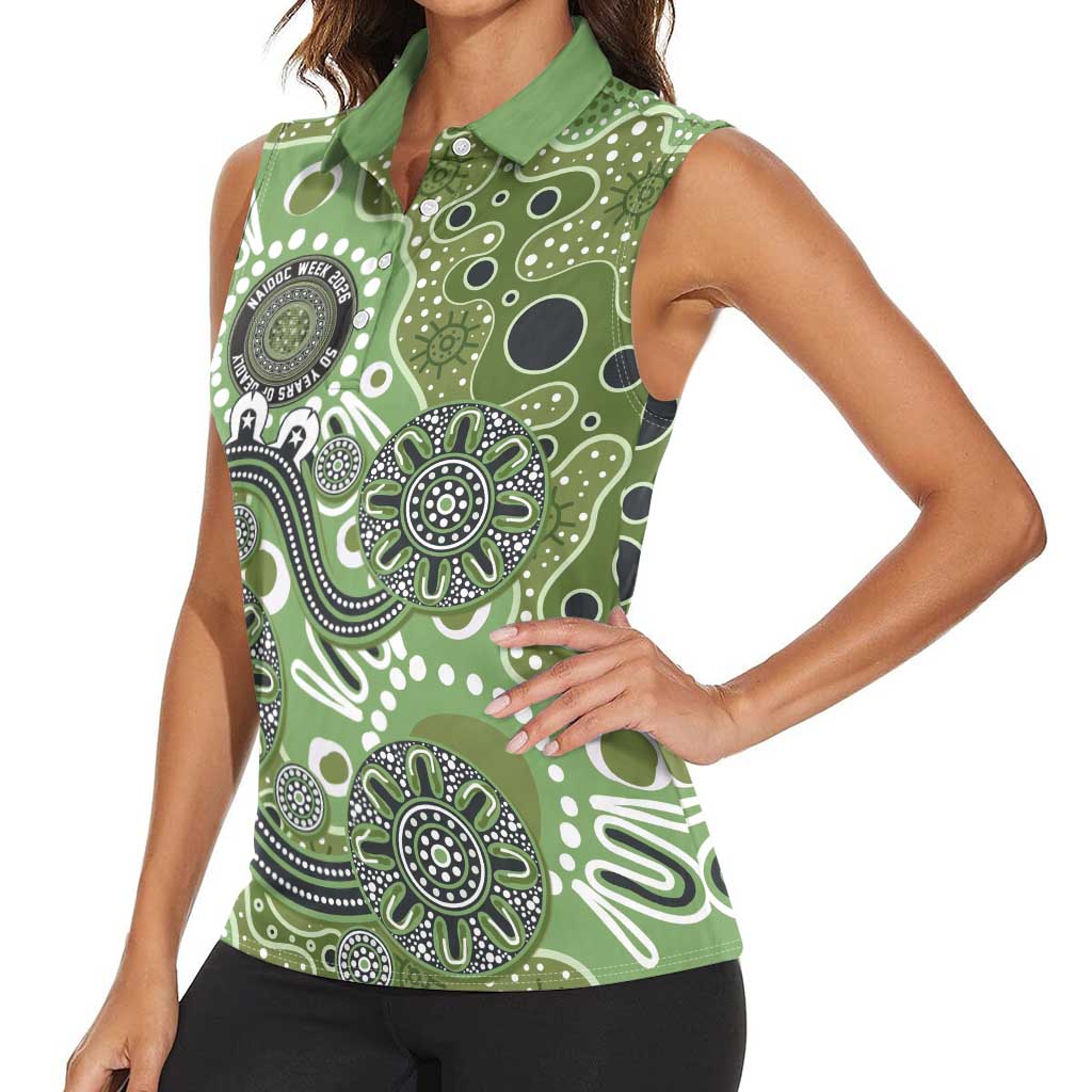 Personalised NAIDOC Week 50 Years Deadly Always Women Sleeveless Polo Shirt Green Aboriginal Artwork Dot Painting