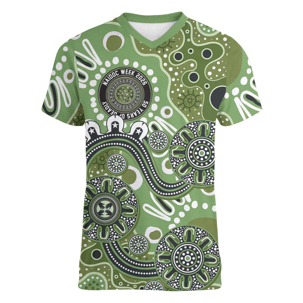 Personalised NAIDOC Week 50 Years Deadly Always Women V-Neck T-Shirt Green Aboriginal Artwork Dot Painting