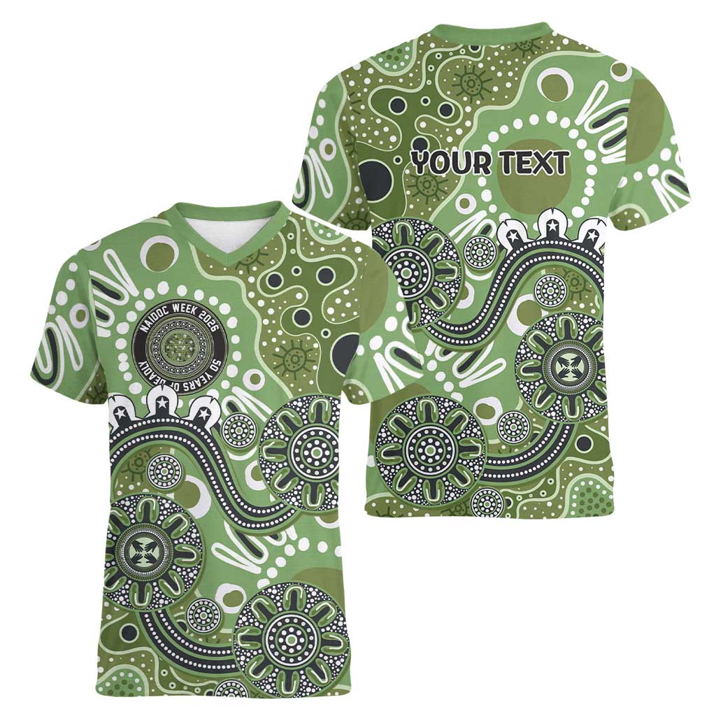 Personalised NAIDOC Week 50 Years Deadly Always Women V-Neck T-Shirt Green Aboriginal Artwork Dot Painting
