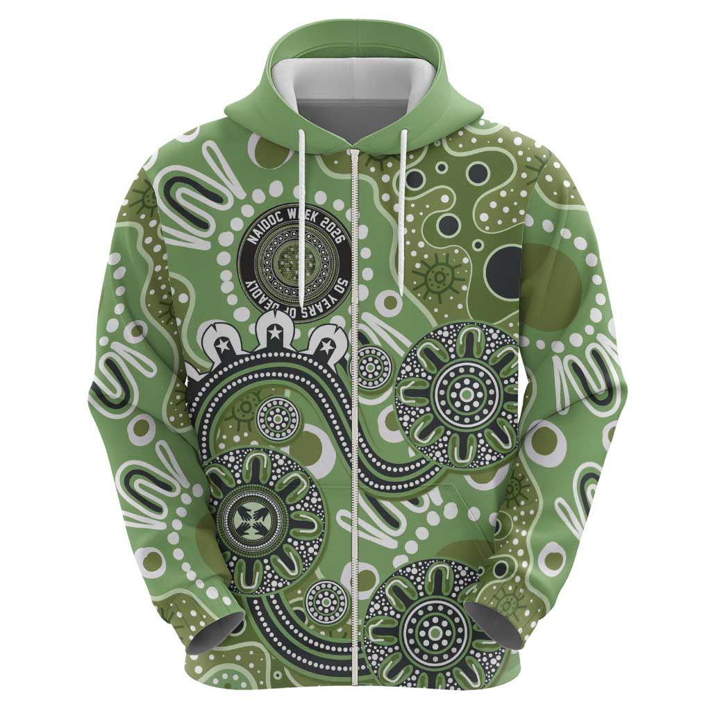 Personalised NAIDOC Week 50 Years Deadly Always Zip Hoodie Green Aboriginal Artwork Dot Painting