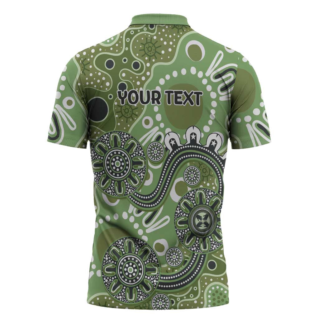 Personalised NAIDOC Week 50 Years Deadly Always Zipper Polo Shirt Green Aboriginal Artwork Dot Painting