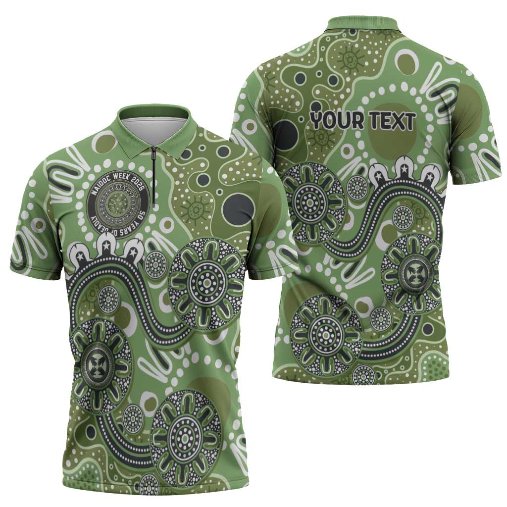 Personalised NAIDOC Week 50 Years Deadly Always Zipper Polo Shirt Green Aboriginal Artwork Dot Painting