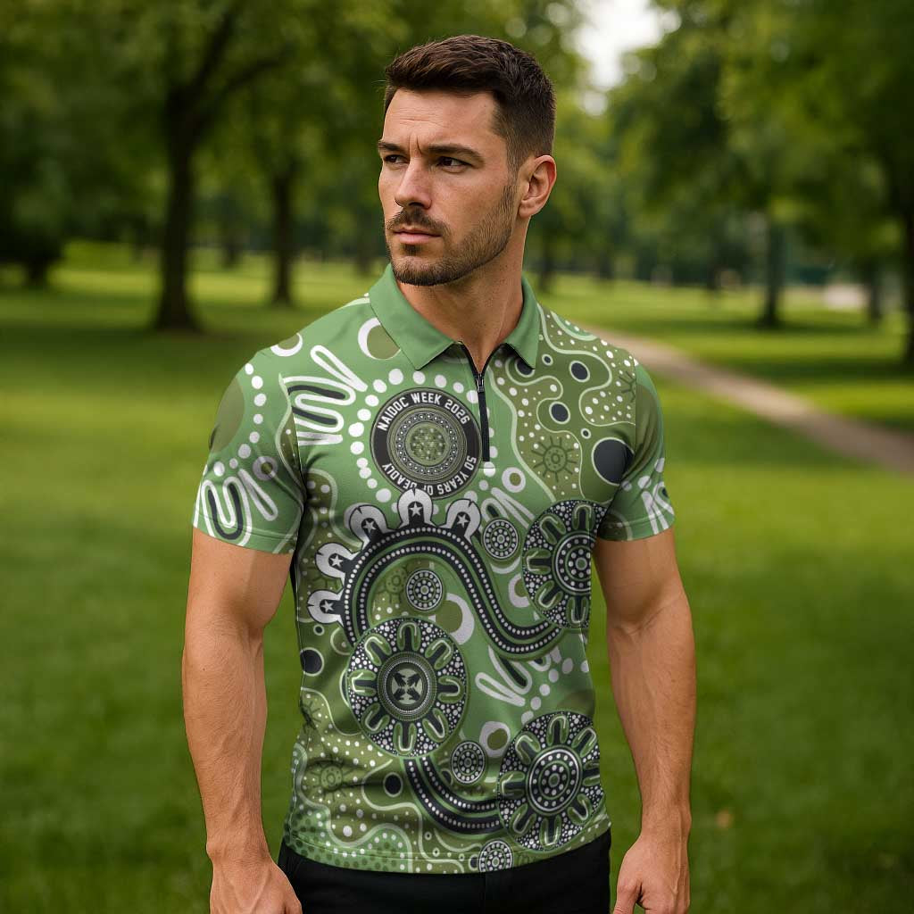 Personalised NAIDOC Week 50 Years Deadly Always Zipper Polo Shirt Green Aboriginal Artwork Dot Painting