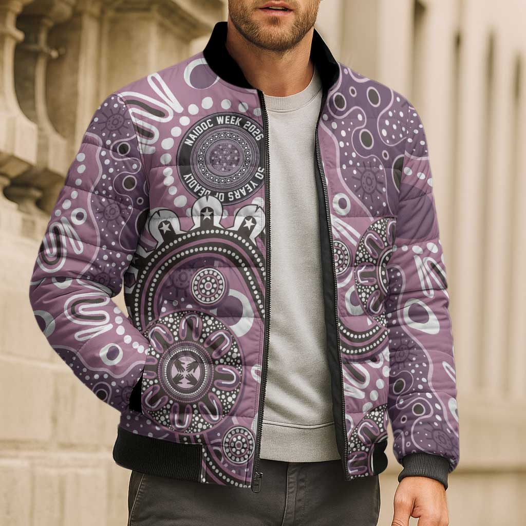 Personalised NAIDOC Week 50 Years Deadly Always Bomber Puffer Jacket Pink Aboriginal Artwork Dot Painting