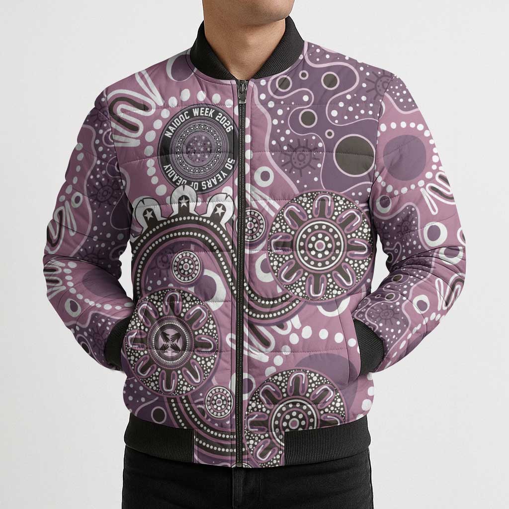 Personalised NAIDOC Week 50 Years Deadly Always Bomber Puffer Jacket Pink Aboriginal Artwork Dot Painting