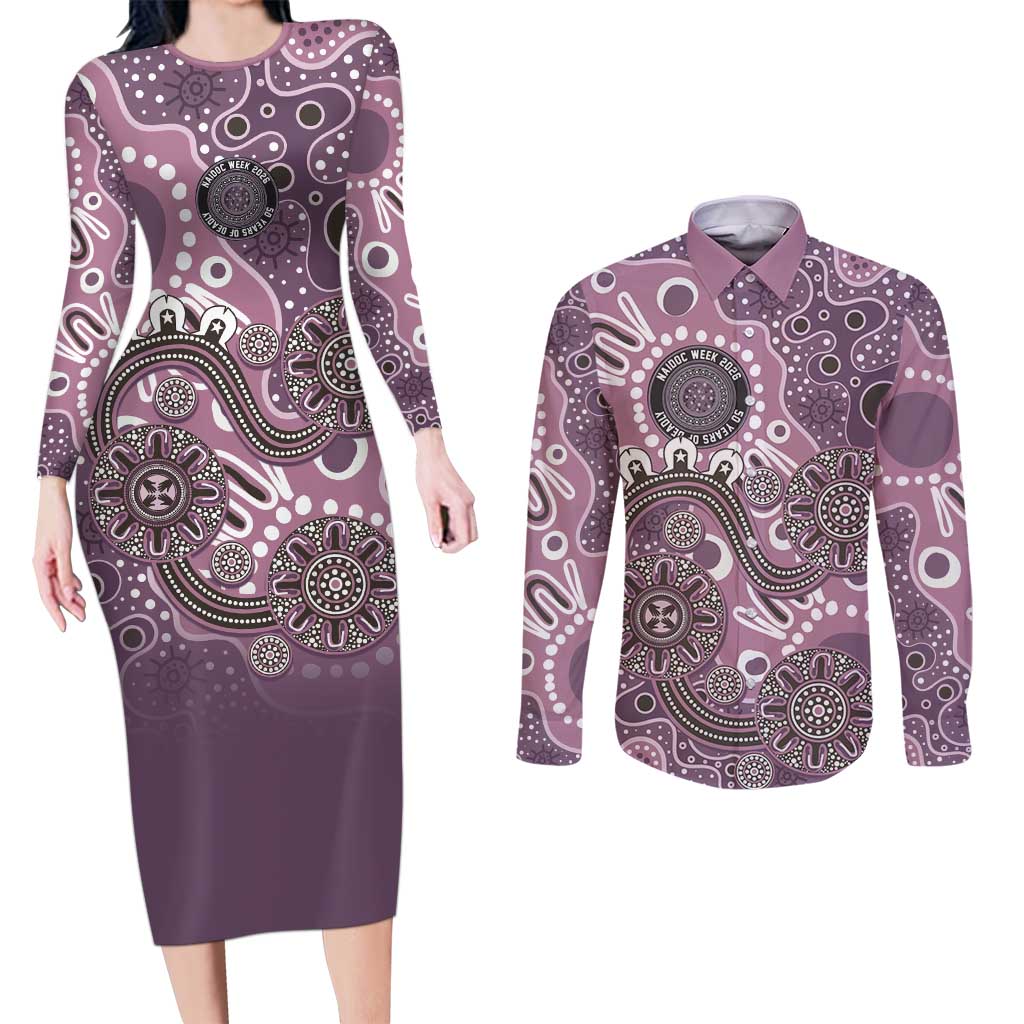 Personalised NAIDOC Week 50 Years Deadly Always Couples Matching Long Sleeve Bodycon Dress and Long Sleeve Button Shirt Pink Aboriginal Artwork Dot Painting