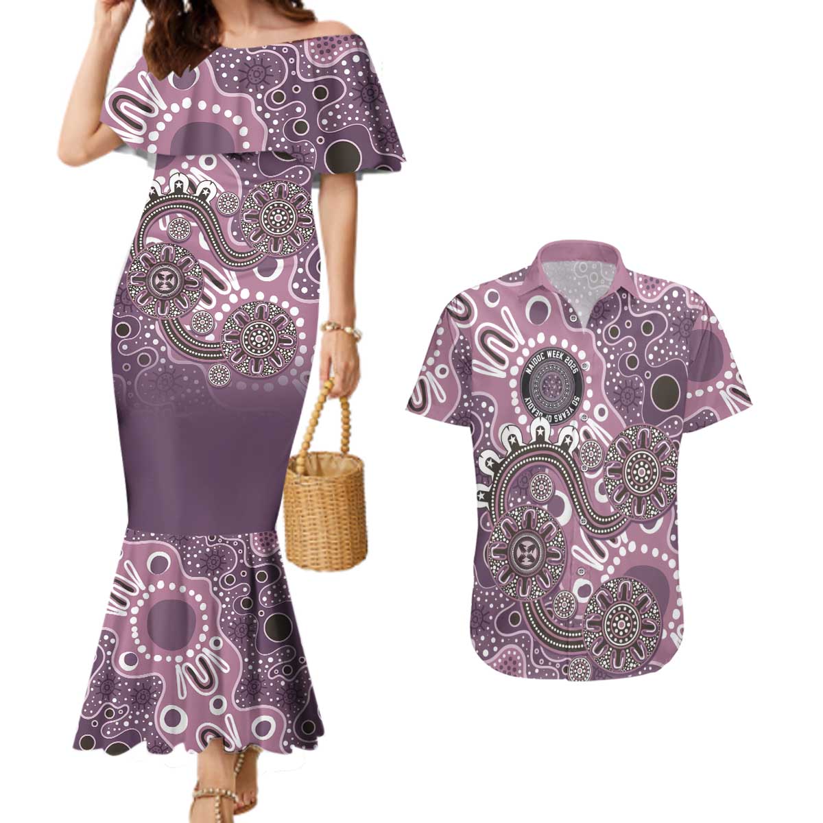 Personalised NAIDOC Week 50 Years Deadly Always Couples Matching Mermaid Dress and Hawaiian Shirt Pink Aboriginal Artwork Dot Painting