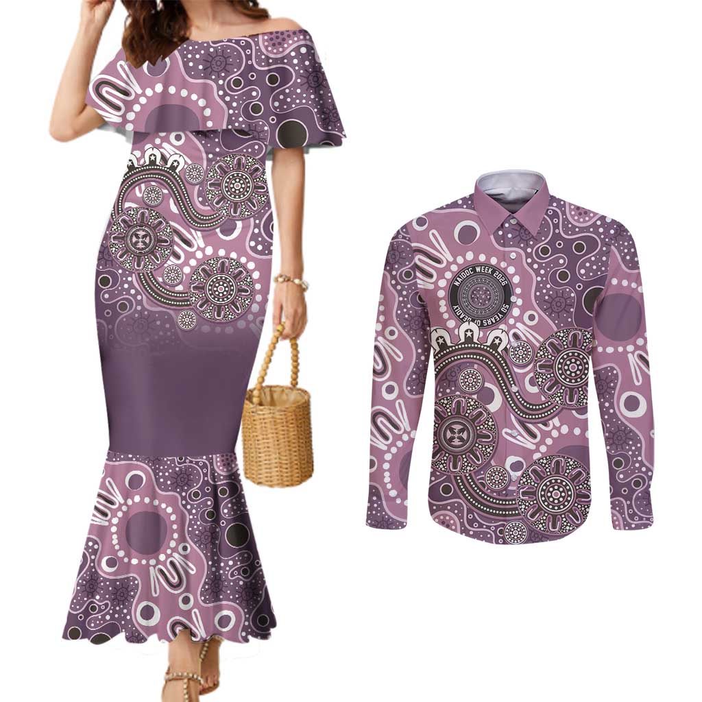 Personalised NAIDOC Week 50 Years Deadly Always Couples Matching Mermaid Dress and Long Sleeve Button Shirt Pink Aboriginal Artwork Dot Painting