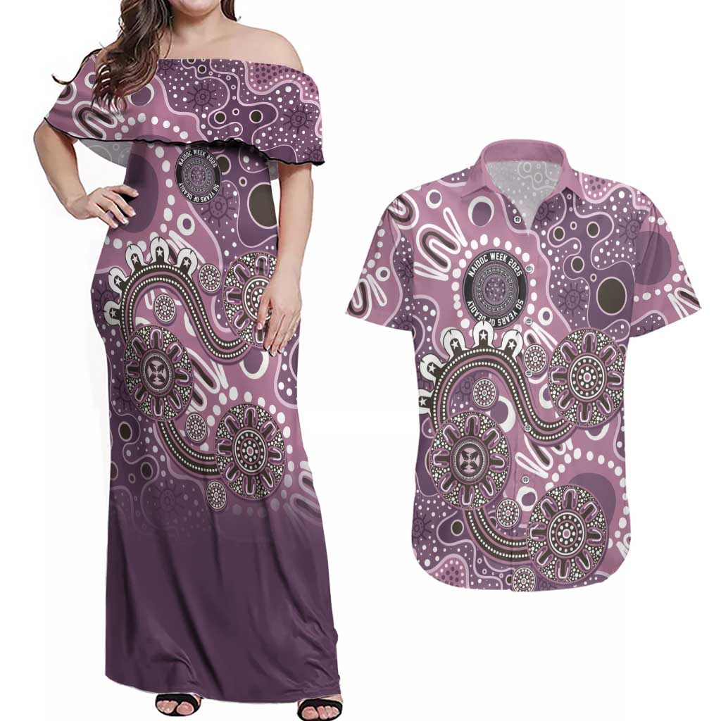 Personalised NAIDOC Week 50 Years Deadly Always Couples Matching Off Shoulder Maxi Dress and Hawaiian Shirt Pink Aboriginal Artwork Dot Painting