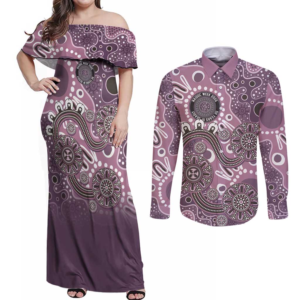Personalised NAIDOC Week 50 Years Deadly Always Couples Matching Off Shoulder Maxi Dress and Long Sleeve Button Shirt Pink Aboriginal Artwork Dot Painting